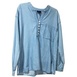 J. Jill Relaxed Denim Blue Jean Small Light Wash Chambray‎ Button V-Neck Blouse